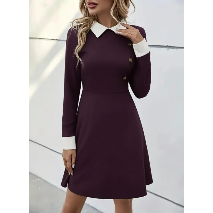 Kadın Uzun Kollu Yakalı Düğmeli Mürdüm Modal Mini Elbise