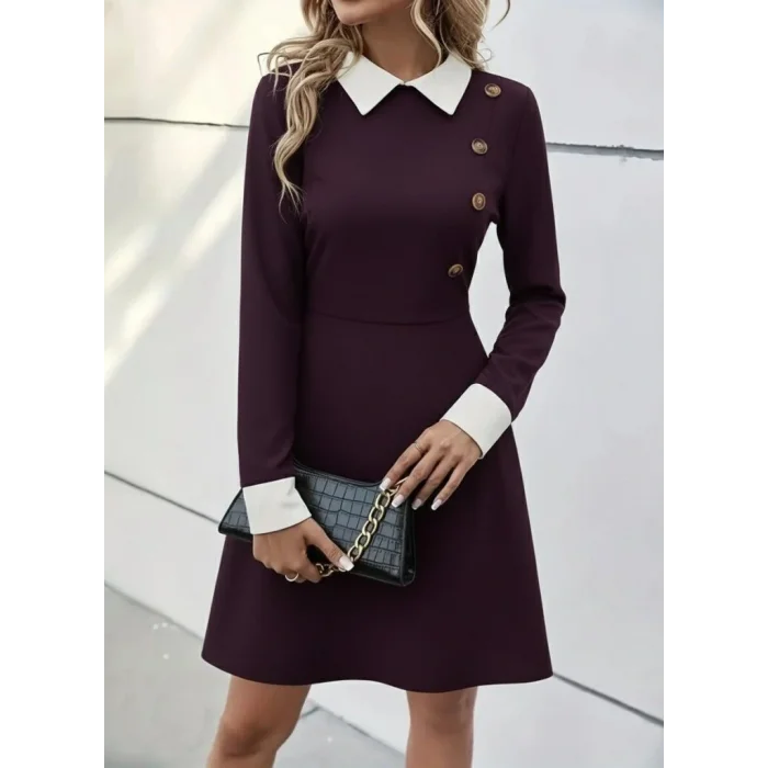 Kadın Uzun Kollu Yakalı Düğmeli Mürdüm Modal Mini Elbise