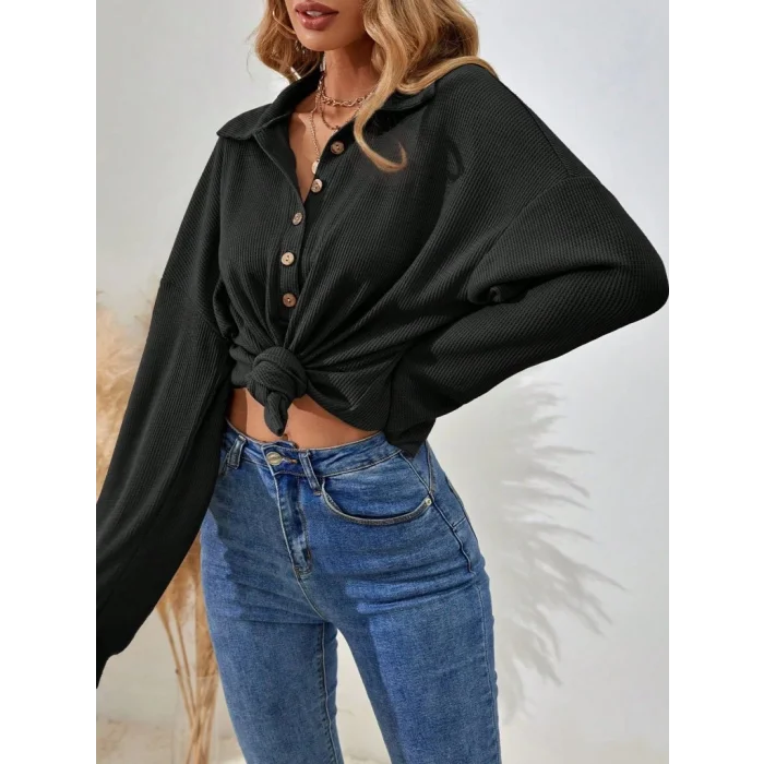 Kadın Uzun Kollu Yakalı Düğmeli Salaş Waffle Bluz