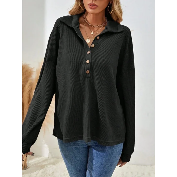 Kadın Uzun Kollu Yakalı Düğmeli Salaş Waffle Bluz
