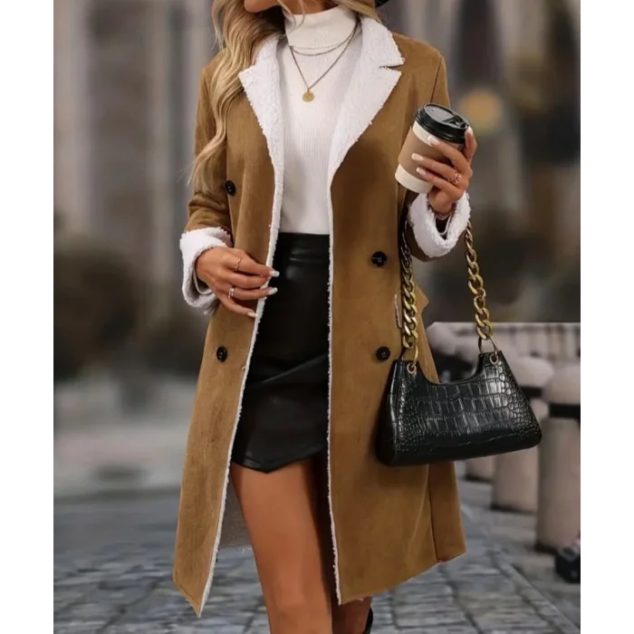 Kadın Uzun Kollu Yakalı Düğmeli Süet Mini Manto