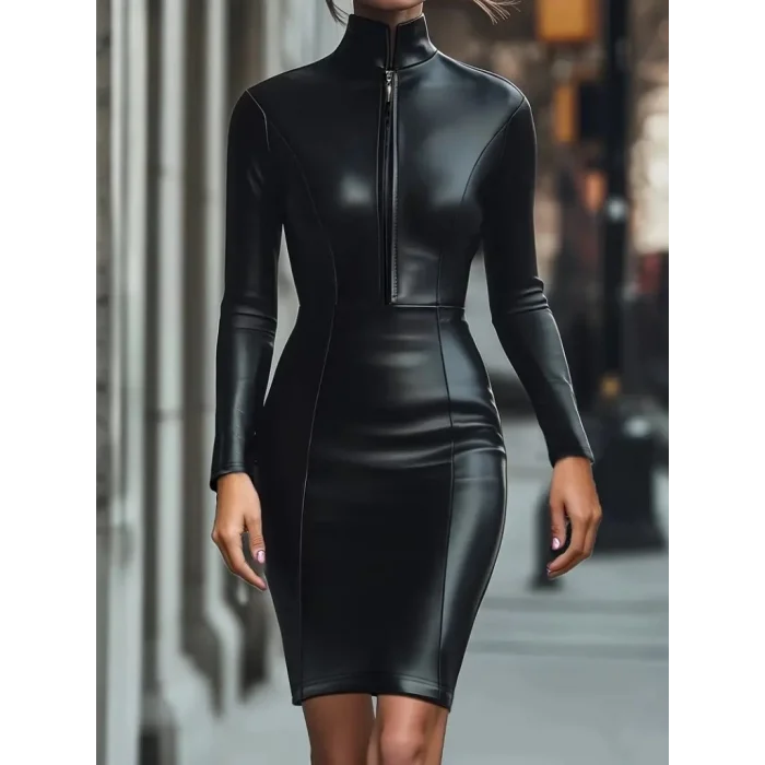 Kadın Uzun Kollu Yakalı Fermuarlı Mini Deri Elbise