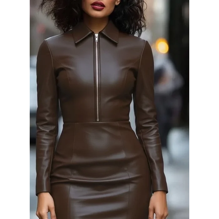Kadın Uzun Kollu Yakalı Fermuarlı Mini Deri Elbise