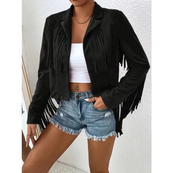 Kadın Uzun Kollu Yakalı Kısa Püsküllü Süet Ceket