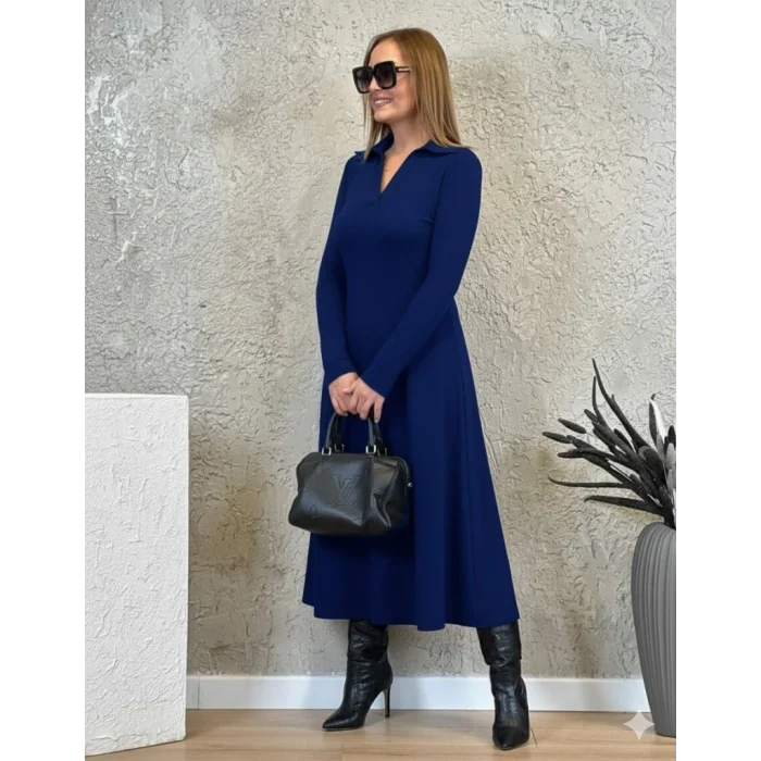 Kadın Uzun Kollu Yakalı Midi Viskon Iki Iplik Elbise