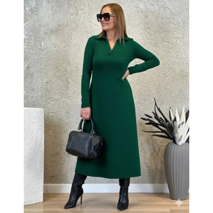 Kadın Uzun Kollu Yakalı Midi Viskon Iki Iplik Elbise