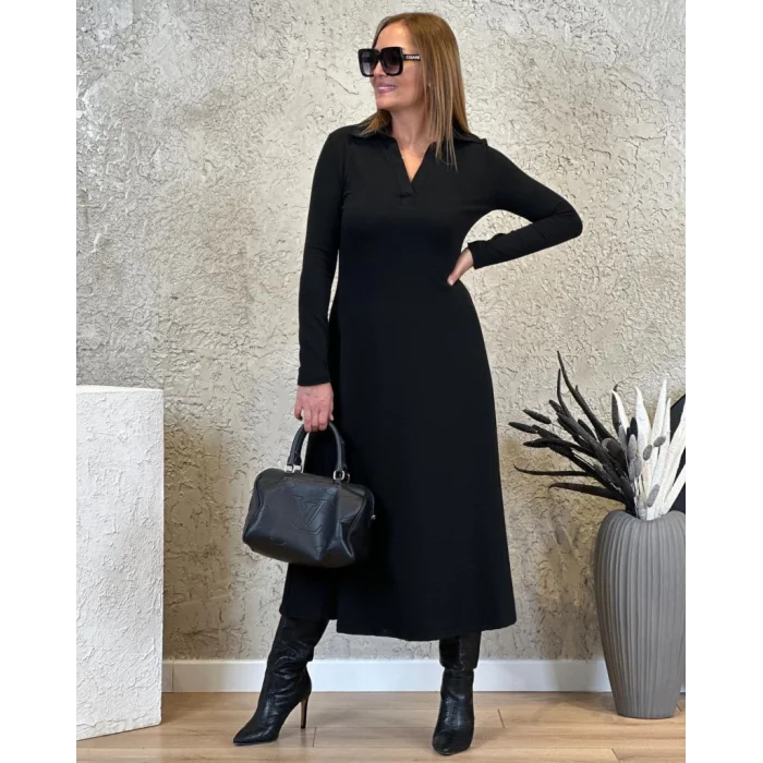 Kadın Uzun Kollu Yakalı Midi Viskon Iki Iplik Elbise