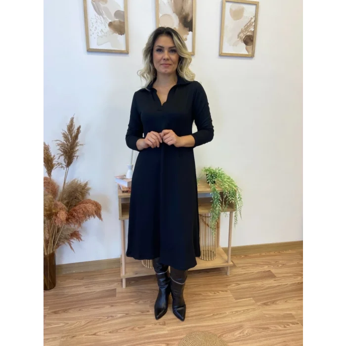Kadın Uzun Kollu Yakalı Midi Viskon Iki Iplik Elbise