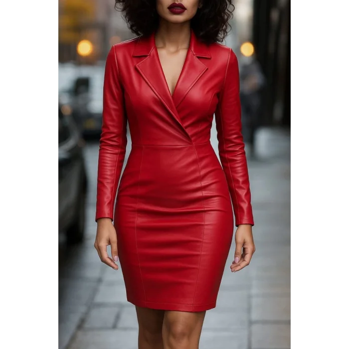 Kadın Uzun Kollu Yakalı Mini Deri Elbise