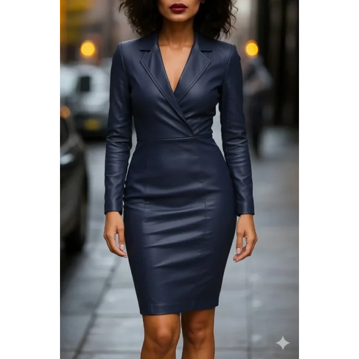Kadın Uzun Kollu Yakalı Mini Deri Elbise