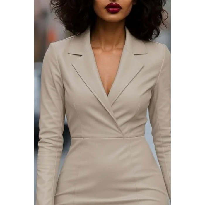 Kadın Uzun Kollu Yakalı Mini Deri Elbise