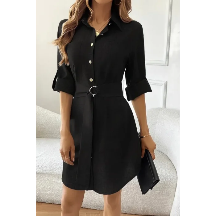 Kadın Uzun Kollu Yakalı önden Düğmeli Beli Kuşaklı Mini Ithal Keten Elbise