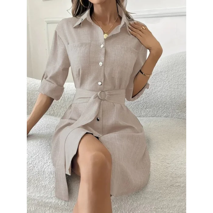 Kadın Uzun Kollu Yakalı önden Düğmeli Beli Kuşaklı Mini Ithal Keten Elbise