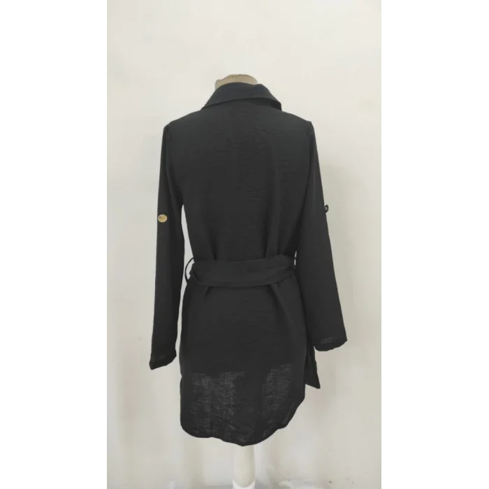 Kadın Uzun Kollu Yakalı önden Düğmeli Beli Kuşaklı Mini Ithal Keten Elbise