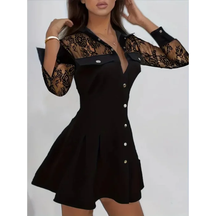 Kadın Uzun Kollu Yakalı önden Düğmeli Cep Detaylı Mini Modal Elbise