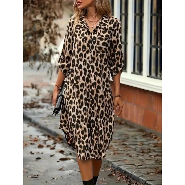 Kadın Uzun Kollu Yakalı önden Düğmeli Leopar Desenli Modal Midi Elbise