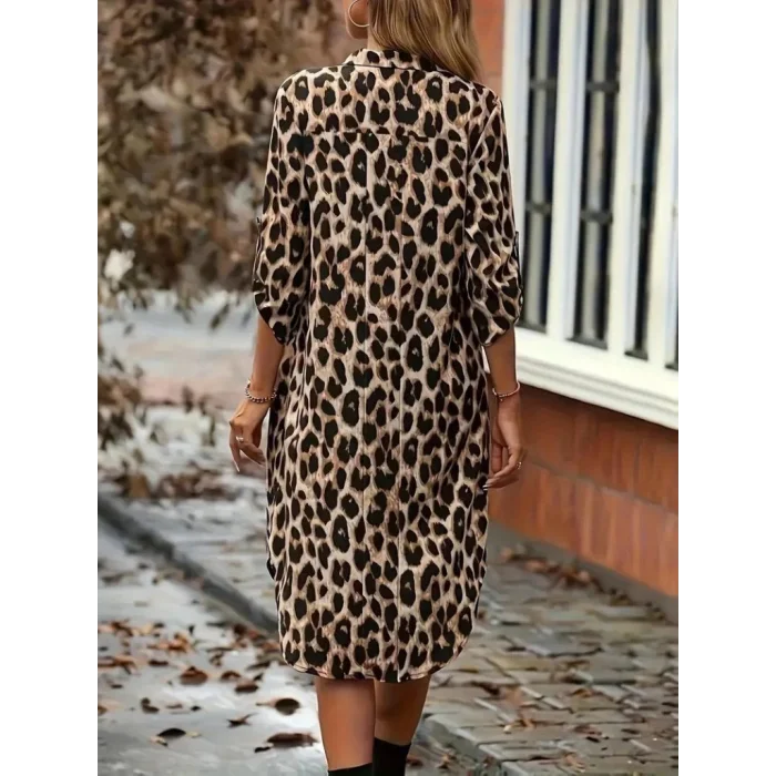 Kadın Uzun Kollu Yakalı önden Düğmeli Leopar Desenli Modal Midi Elbise