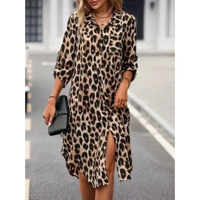 Kadın Uzun Kollu Yakalı önden Düğmeli Leopar Desenli Modal Midi Elbise