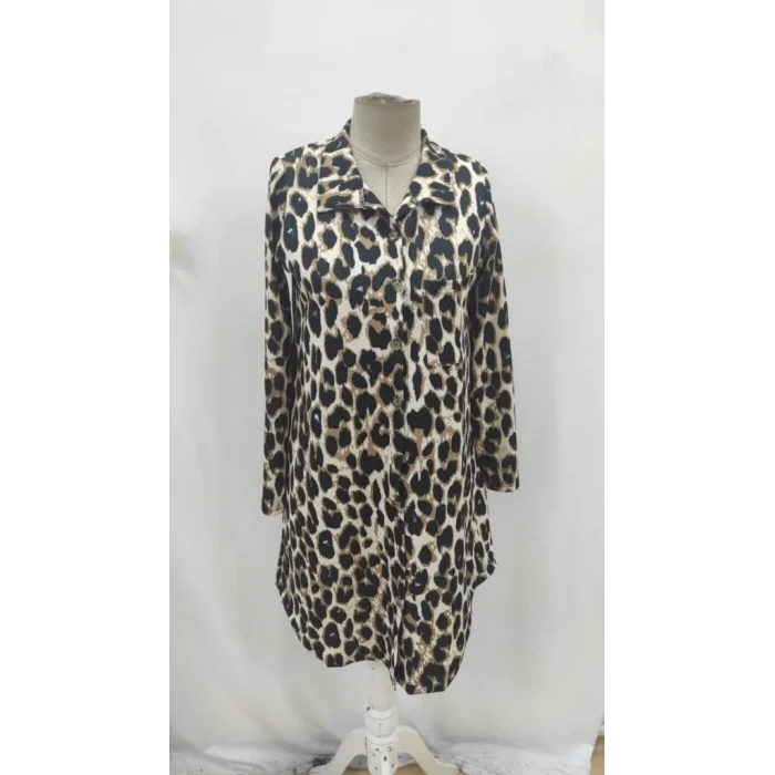 Kadın Uzun Kollu Yakalı önden Düğmeli Leopar Desenli Modal Midi Elbise