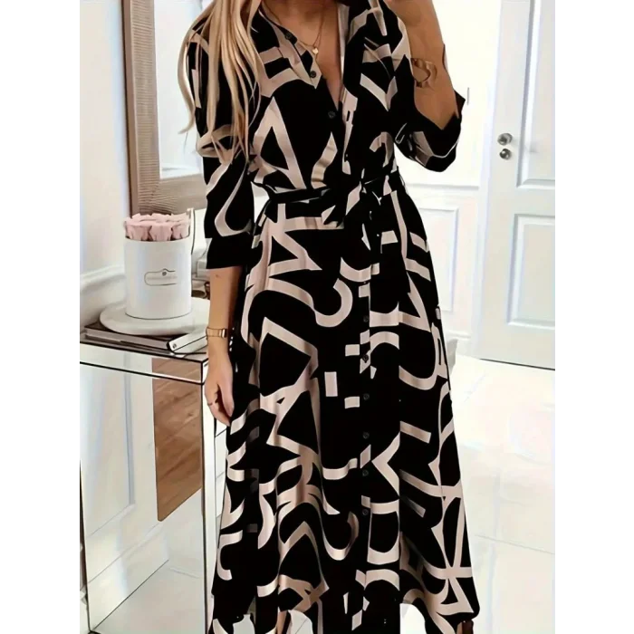 Kadın Uzun Kollu Yakalı önden Düğmeli Uzun Süprem Elbise