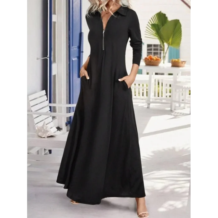 Kadın Uzun Kollu Yakalı önden Fermuarlı Uzun Viskon Iki Iplik Elbise