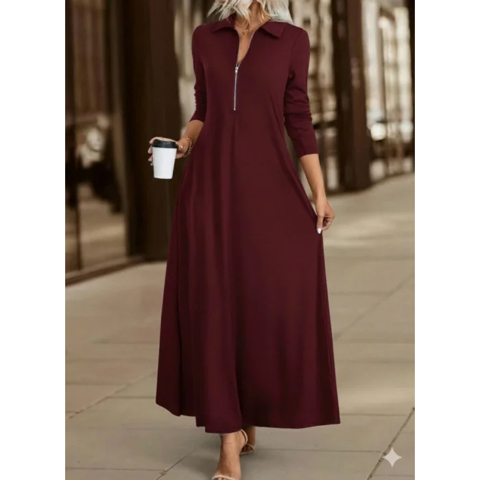 Kadın Uzun Kollu Yakalı önden Fermuarlı Uzun Viskon Iki Iplik Elbise