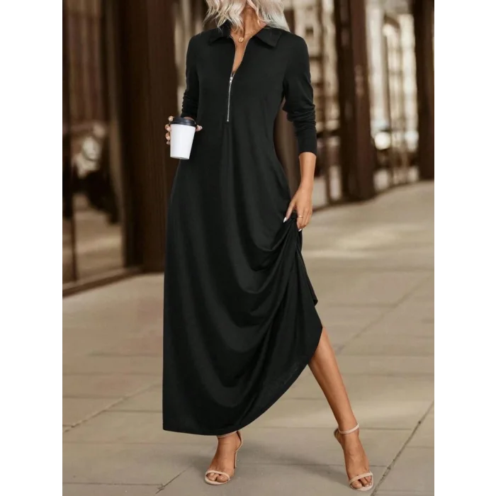 Kadın Uzun Kollu Yakalı önden Fermuarlı Uzun Viskon Iki Iplik Elbise