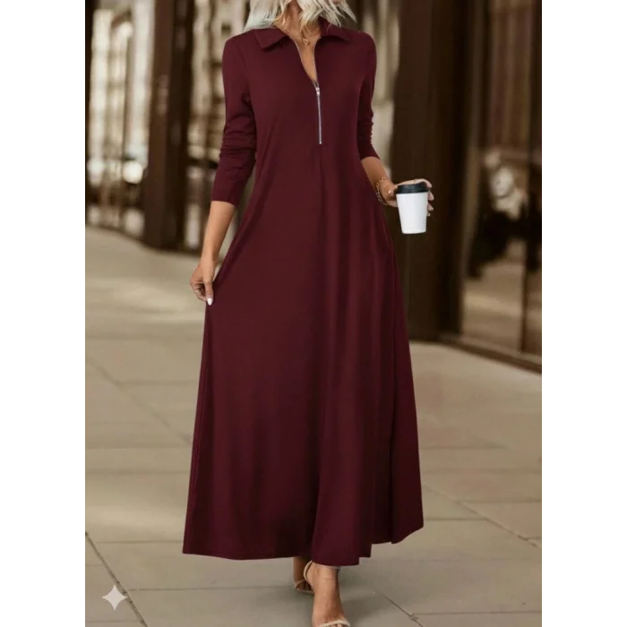 Kadın Uzun Kollu Yakalı önden Fermuarlı Uzun Viskon Iki Iplik Elbise