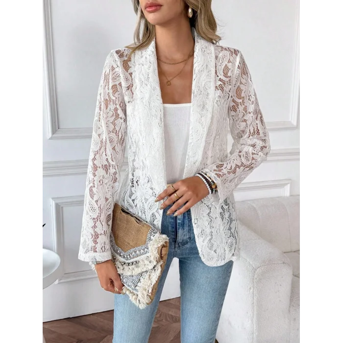 Kadın Uzun Kollu Yakalı önü Açık Dantelli Ceket