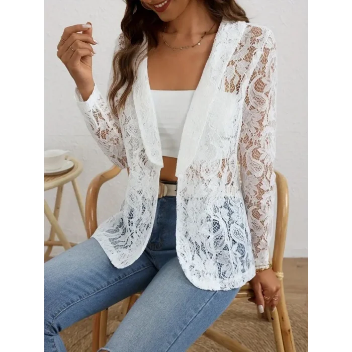 Kadın Uzun Kollu Yakalı önü Açık Dantelli Ceket