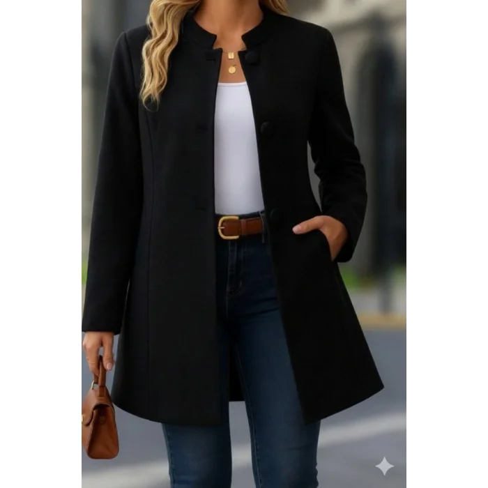 Kadın Uzun Kollu Yakalı önü Düğmeli Ithal Kaşe Astarlı Kaban