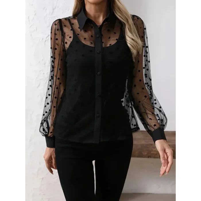 Kadın Uzun Kollu Yakalı şeffaf Tül Detaylı Ve Viskon Atlet Ikili Takım