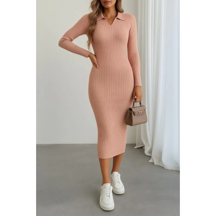 Kadın Uzun Kollu Yakalı Triko Elbise