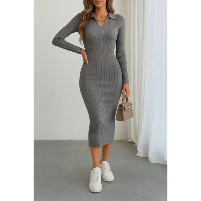 Kadın Uzun Kollu Yakalı Triko Elbise