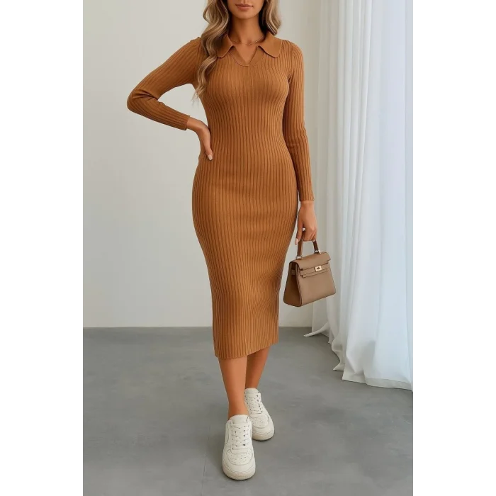 Kadın Uzun Kollu Yakalı Triko Elbise