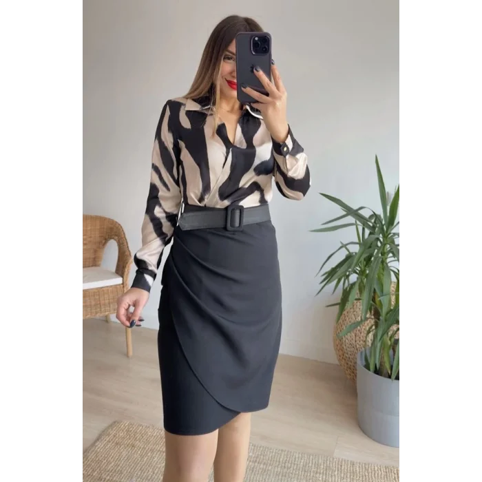 Kadın Uzun Kollu Yakalı üst Dalgıç Eteği Krep Kemerli Elbise