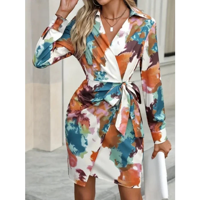 Kadın Uzun Kollu Yakalı Yandan Bağlamalı Mini Desenli Modal Elbise