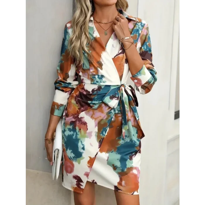 Kadın Uzun Kollu Yakalı Yandan Bağlamalı Mini Desenli Modal Elbise
