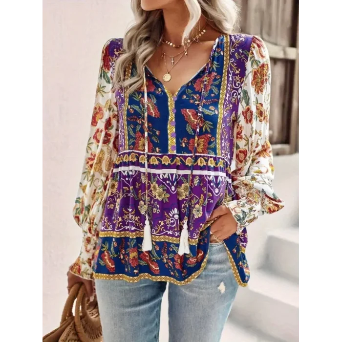 Kadın Uzun Kollu Yakası Açık Bağcıklı çiçek Desenli Salaş Bluz