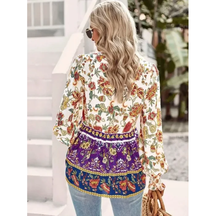 Kadın Uzun Kollu Yakası Açık Bağcıklı çiçek Desenli Salaş Bluz