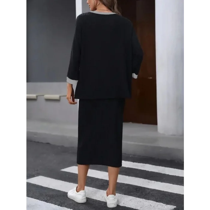 Kadın Uzun Kollu Yakası Açık şardonlu Kaşkorse Bluz Ve Eteği Bağcıklı Ikili Takım