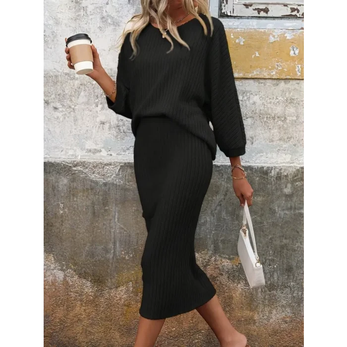 Kadın Uzun Kollu Yakası Açık Yarasa Kollu şardonlu Kaşkorse Bluz Ve Etek Takım