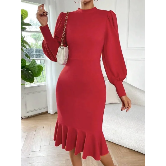 Kadın Uzun Kollu Yarı Balıkçı Yaka Etek Ucu Fırfır Detaylı Midi Ithal Krep Elbise