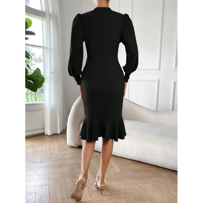 Kadın Uzun Kollu Yarı Balıkçı Yaka Etek Ucu Fırfır Detaylı Midi Ithal Krep Elbise