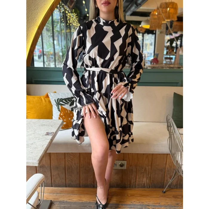 Kadın Uzun Kollu Yarı Balıkçı Yaka Geometrik Desen Kısa şardonlu Dalgıç Elbise