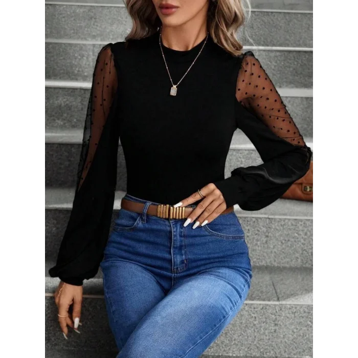 Kadın Uzun Kollu Yarı Balıkçı Yaka Kolları Tül Detaylı Ithal Krep Bluz