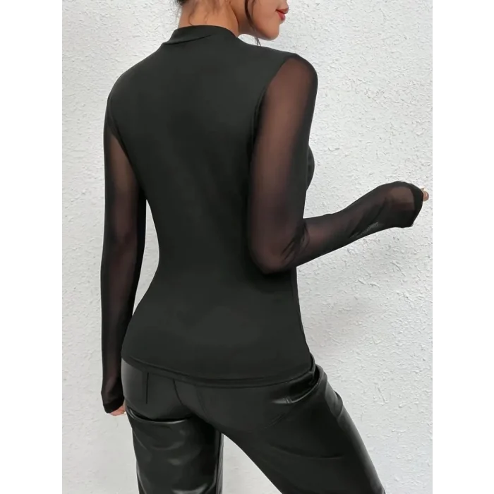 Kadın Uzun Kollu Yarı Balıkçı Yaka Kolları Tüllü Dalgıç Bluz