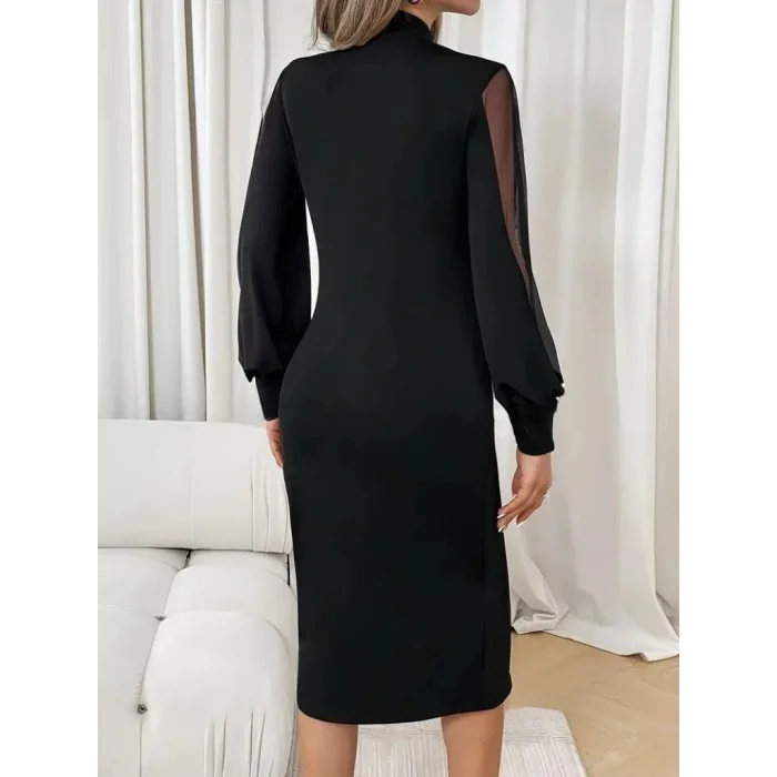 Kadın Uzun Kollu Yarı Balıkçı Yaka Tül Ve Inci Detaylı Kısa Ithal Krep Midi Elbise