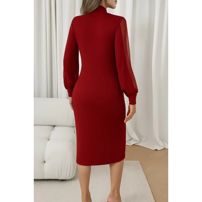 Kadın Uzun Kollu Yarı Balıkçı Yaka Tül Ve Inci Detaylı Kısa Ithal Krep Midi Elbise