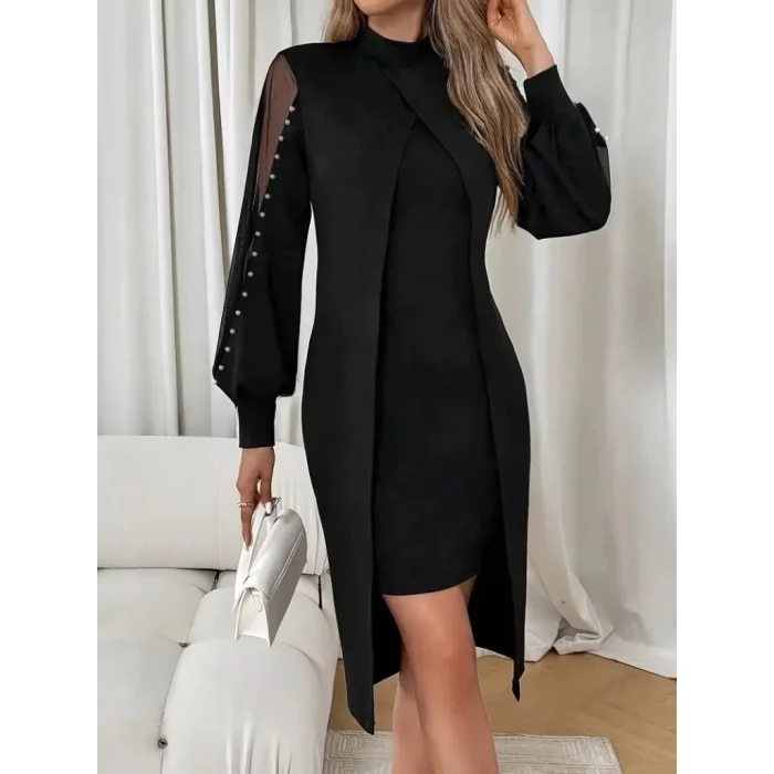 Kadın Uzun Kollu Yarı Balıkçı Yaka Tül Ve Inci Detaylı Kısa Ithal Krep Midi Elbise